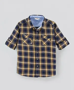 Primo Gino Cotton Woven Full Sleeves Check Shirt With Chest Cross Pockets - Yellow Blue