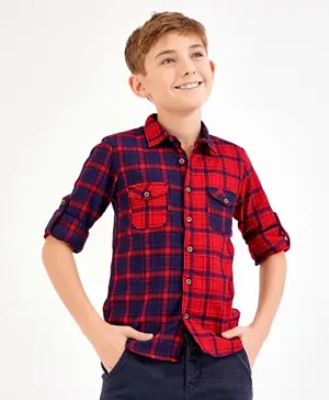 Primo Gino Cotton Polyester Elastane Full Sleeves Checks Shirt With Cross Pockets - Red