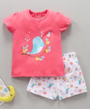 Babyhug Half Sleeves Night Suit Bird Print - Pink
