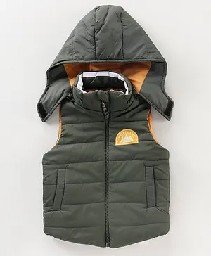 Babyhug Sleeveless Hooded Fashion Heavy Winter Solid Color Jacket - Olive Green