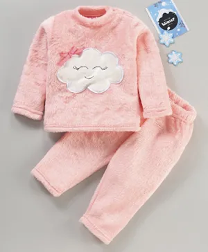 Babyhug Knitted Full Sleeves  Velour Winter Night Suit Cloud Applique - Pink
