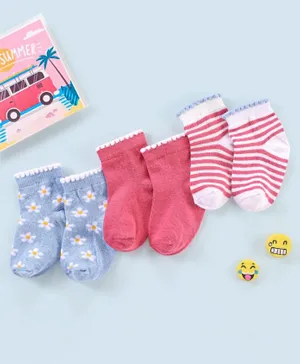 Cutewalk By Babyhug Anti Bacterial Ankle Length Non Terry Socks Floral Design Pack of 3- Pink