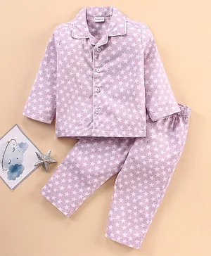 Babyhug Cotton Woven Full Sleeves Night Suit Star Printed  - Lavender
