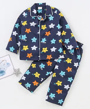 Babyhug Cotton Woven Full Sleeves Night Suit Star Print - Navy