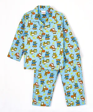 Babyhug Cotton Woven Full Sleeves Fox Printed Night Suit - Blue