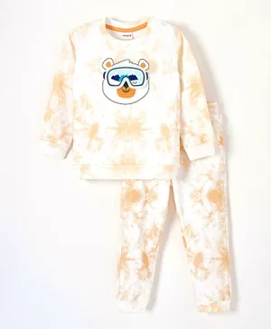 Babyhug Full Sleeves T-Shirt & Joggers Set Multi Print & Polar Bear Applique - Peach