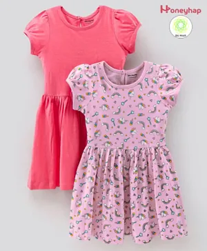 Honeyhap Premium 100% Cotton Jersey Puff Sleeves Frocks With   Anti-Microbial  Finish Polka Print & Solid Pack Of 2 - Calypso Coral Ballerina