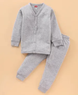 Babyhug Full Sleeve Thermal Vest & Leggings Set Solid Ribbed - Light Grey