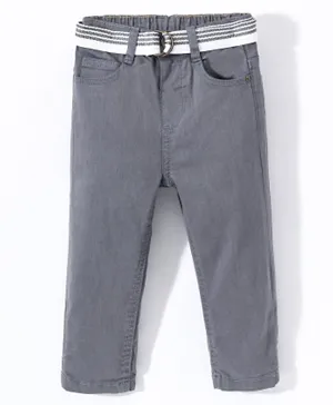 Babyhug Stretchable Full Length Washed Solid Colour Jeans With Belt - Dark Grey