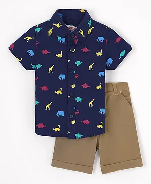 Babyhug Cotton Knit Half Sleeves Shirt And Short Set Animals Print - Navy AOP Grey