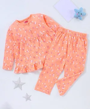 Babyhug Cotton Full Sleeves Night Suit Floral Print - Peach