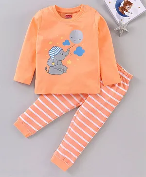 Babyhug Full Sleeves Night Suit Elephant Print - Orange