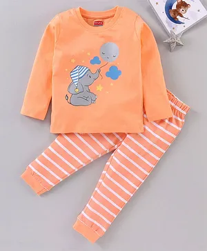 Babyhug Full Sleeves Night Suit Elephant Print - Orange
