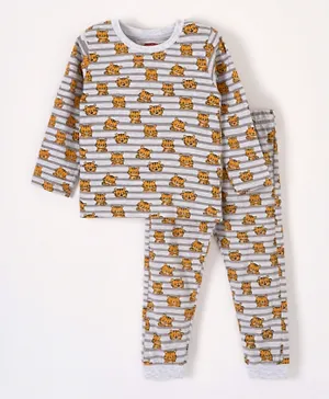 Babyhug Full Sleeves Striped Night Suit Tiger Print - Off White