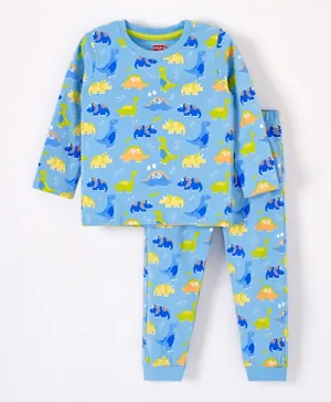 Babyhug Cotton Knit Full Sleeves DIno Print Night Suit - Stone Blue