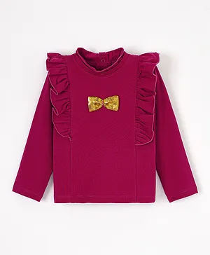 Babyhug Cotton Knit Full Sleeves Solid Colour With Sequins Bow Top - Maroon