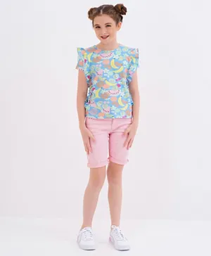 Primo Gino All Over Fruit Digital Print Short Sleeves Top With Frill Detailing in Cotton Elastane Fabric - Blue