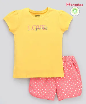 Honeyhap Premium Bio-Washed Half Sleeves Nightwear Tee & Shorts Sets - Yellow Pink