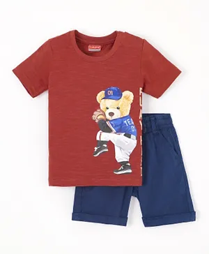 Babyhug 100% Cotton Knit Half Sleeves T-Shirt & Short Set Play Print - Brown & Blue