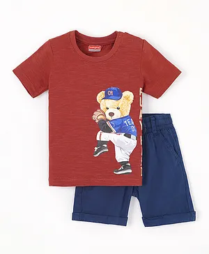 Babyhug Cotton Knit Half Sleeves T-Shirt & Short Set Play Print - Brown Blue