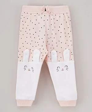 Babyhug Knit Full Length Lounge Pants With Kitty Ears & Bow Applique Polka Dot Print- Peach White