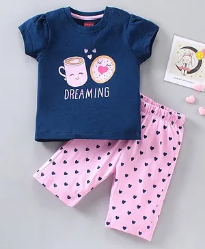 Babyhug Cap Sleeves Night Suit Coffee & Hearts Print- Pink Navy
