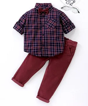 Babyhug Full Sleeves Checked Shirt & Corduroy Trouser Set With Bow - Multicolor