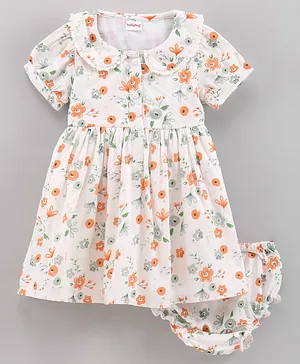 Babyhug Cotton Knit Half Sleeves Frock Dress with Bloomer Floral Print - White