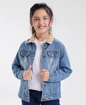 Pine Kids Full Sleeves Washed Denim Jacket Solid- Blue