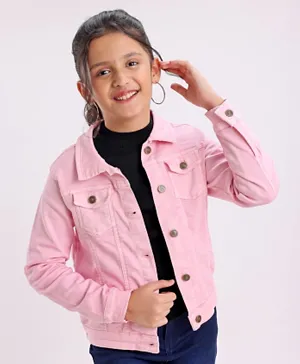 Pine Kids Full Sleeves Washed Denim Stretchable Jacket Solid- Pink
