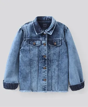 Pine Kids Full Sleeves Puff Shoulder Washed Denim Jackets - Blue