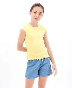 Primo Gino Cap Sleeve 2x2 Rib Cotton Elastane Fabric T-shirt With Lettuce Hem Finish - Yellow