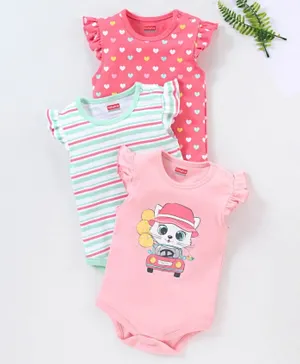 Babyhug 100% Cotton Knit Frill Sleeves Onesie Stripes & Heart Print Pack of 3 - Pink & Blue