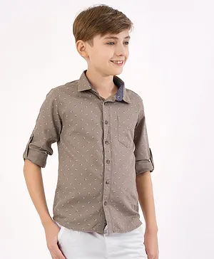 Primo Gino Full Sleeves Cotton Printed Shirt With Patch Pocket - Beige