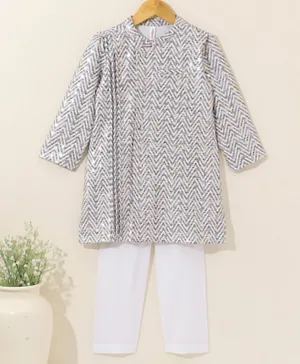 Babyhug Full Sleeves Cotton Kurta & Pyjama Set Printed- White