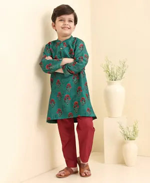 Babyhug Cotton Woven  Full Sleeves Bagh Printed Kurta & Pyjama Set - Green