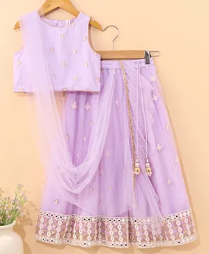 Babyhug Sleeveless Choli & Lehenga With Dupatta Embroidery & Net Detailing - Sheer Lilac