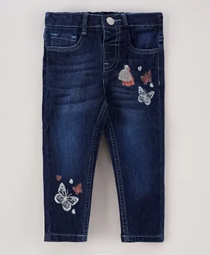 Babyhug Full Length Washed Denim Jeans Glittery Butterfly Print - Blue