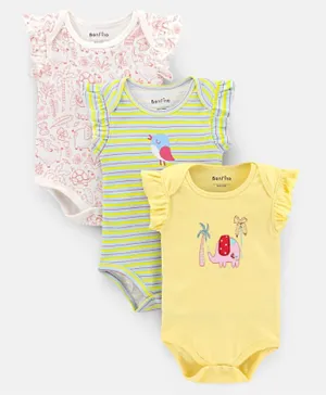 Bonfino Cotton Knit Short Sleeves Striped & Animal Printed Onesies Pack Of 3 - Multicolour