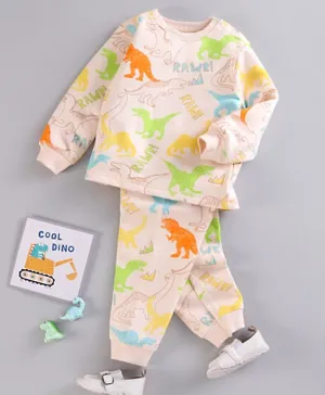 Babyoye Eco conscious 100% Cotton Brushed Full Sleeves Fleece Winter Wear Night Suit Dino Print - Multicolour