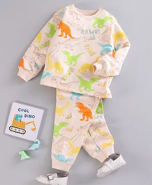 Babyoye Eco conscious 100% Cotton Brushed Fleece Winter Wear Night Suit Dino Print - Multicolour