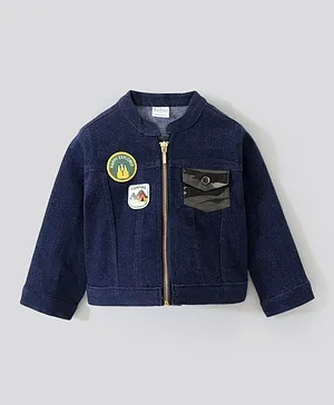 Bonfino Full Sleeves Denim Zipper Jacket With Badges- Navy Blue