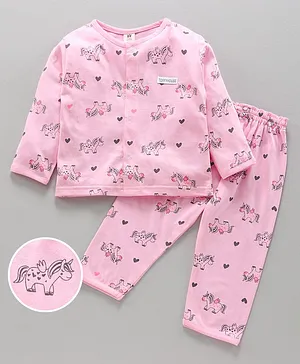 ToffyHouse Full Sleeves T-Shirt & Pyjama Set Unicorn Print - Pink