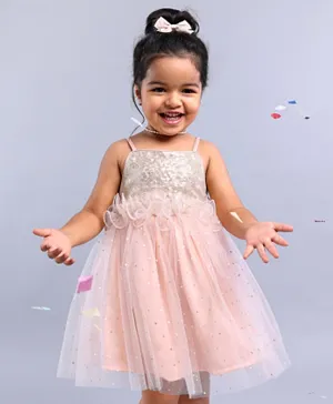 Babyhug Sleeveless Frilled Party Wear Frock With Sequin Detailing & Glitter Print- Light Orange