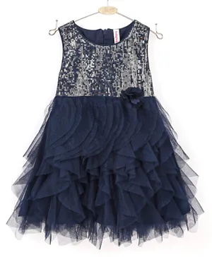 Babyhug Sleeveless Party Wear Sequinned Frock With Mesh Detailing & Floral Corsage - Navy