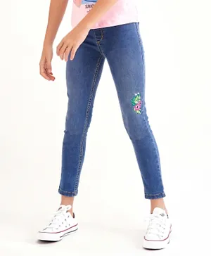 Primo Gino Cotton Elastane Ankle Length Jeans Flower Embroidery - Blue