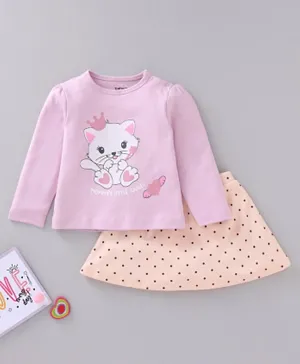 Babyoye Cotton Full Sleeves Top & Skirt Set Cat & Polka Dots Print - Prism Pink