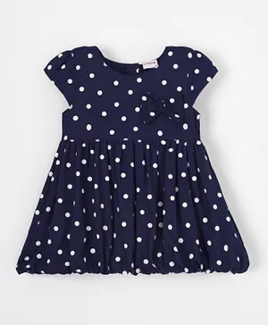 Babyhug Woven Cap Sleeves Polka Dots Printed Frock with Bow Applique - Navy