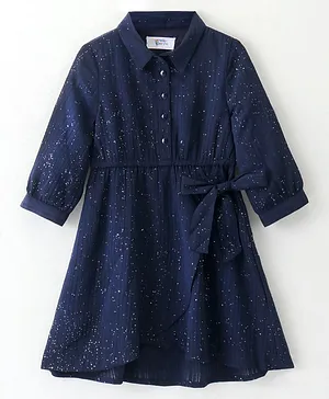 Hola Bonita Three Fourth Sleeves Wrap Front Glitter Dress- Navy Blue