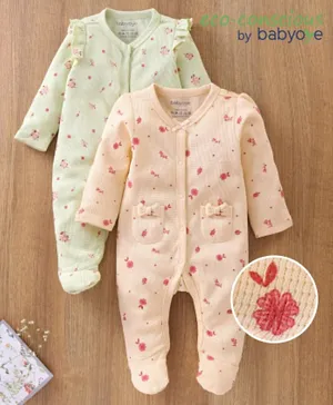 Babyoye Cotton Full Sleeves Floral Printed Sleep Suit Pack Of 2 - Multicolour